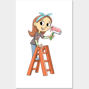 girl on a ladder with a pink paint roller Posters and Art